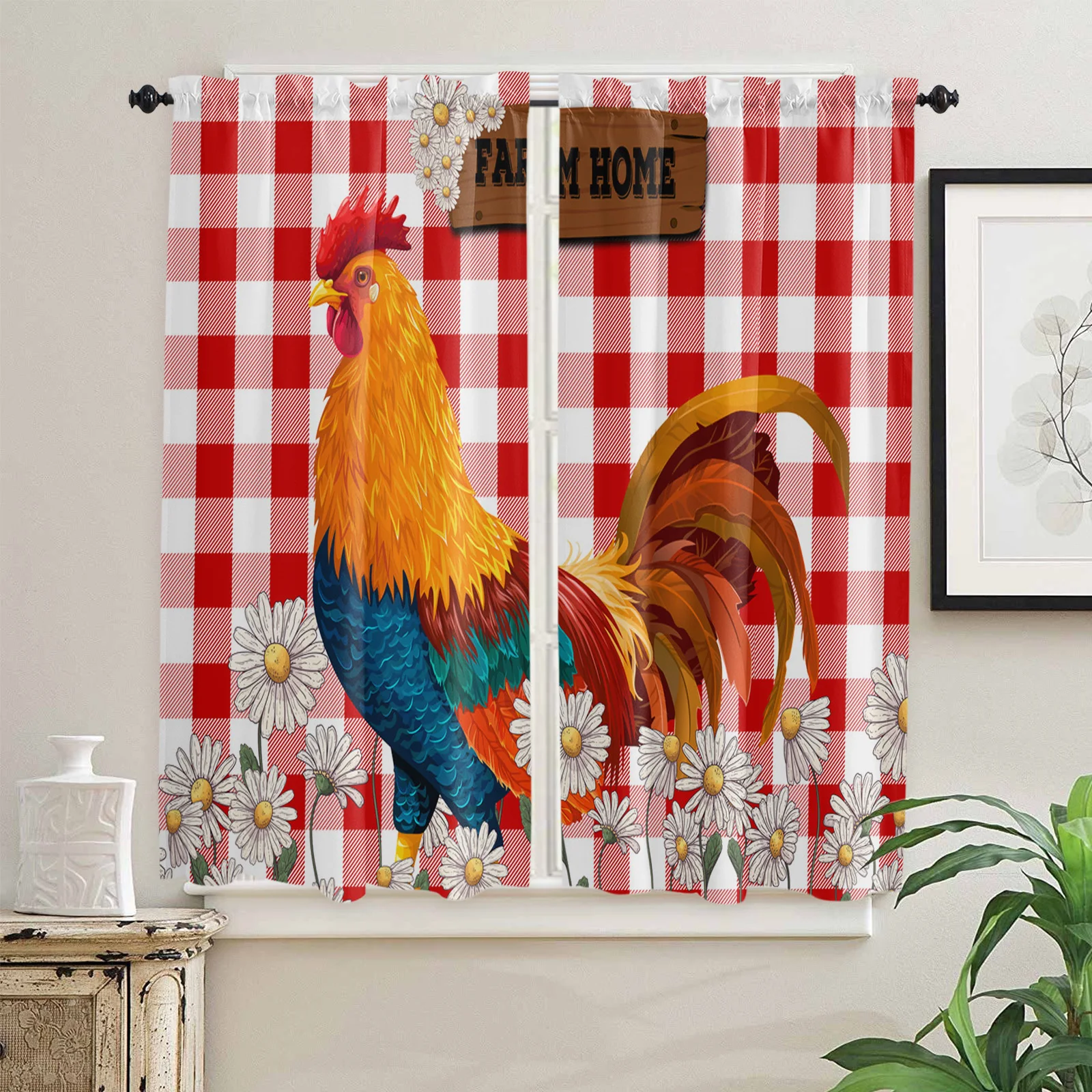 Red Plaid Daisy Rooster Farm Curtains Home Decor Living Room Kitchen Balcony Room Window Curtain Bedroom Patio Decoration