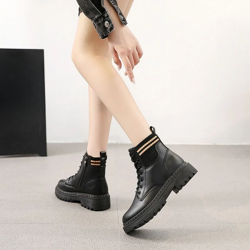 Student Casual Women Ankle Boots Side Zipper Chunky Heel Thick Sole Fleece Lined Black Winter Warm British Style