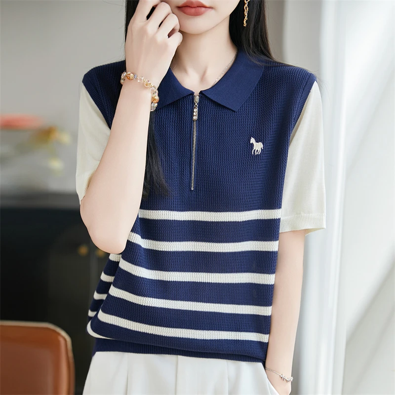 2026 New Women's Short Sleeve 100% Lyocell Knitted T-shirt Women's Striped Casual Basic Style Hot Selling Women's Short Sleeve