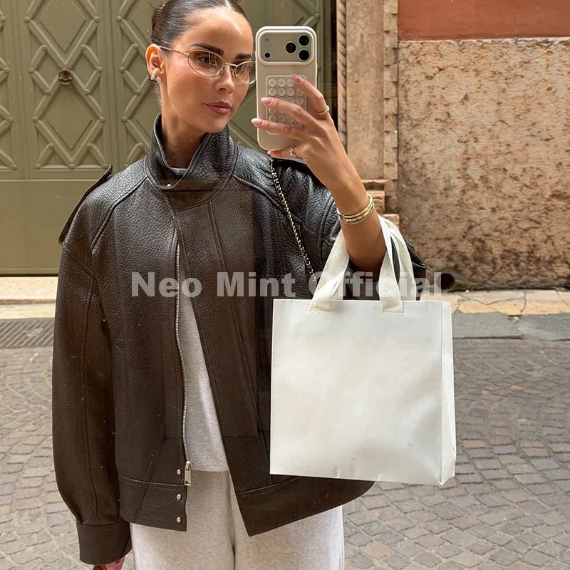 Neo Mint Autumn 2026 New Black PU Leather Jacket Woman Cool Retro Street Fashion Girls Faux Leather Aviator Coat Outerwear Women
