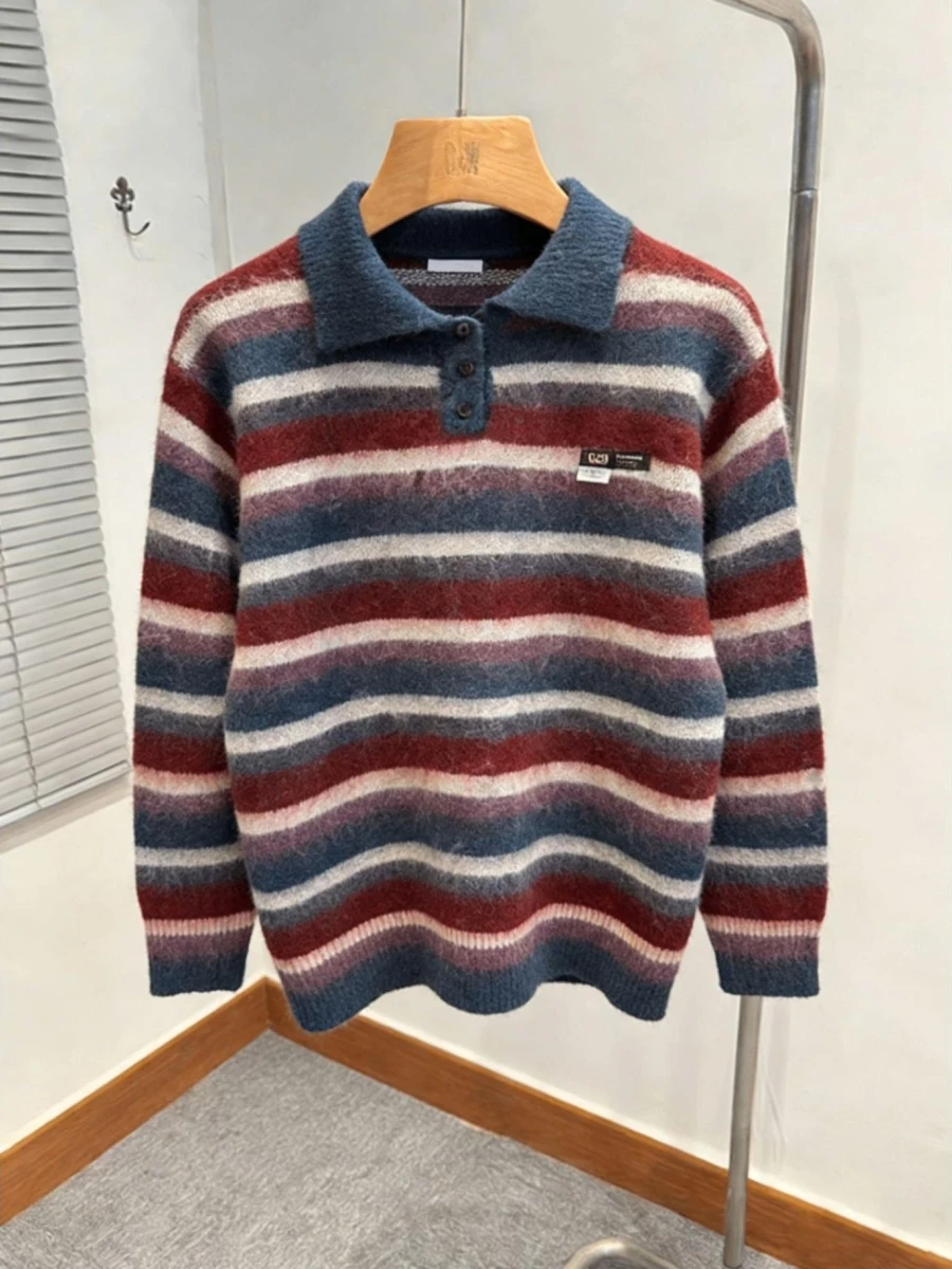 

American Sle Lazy Vintage Loose Ne Striped Sweater Men Women Autumn Winter Classic Collar Top Trendy ex Knitwear