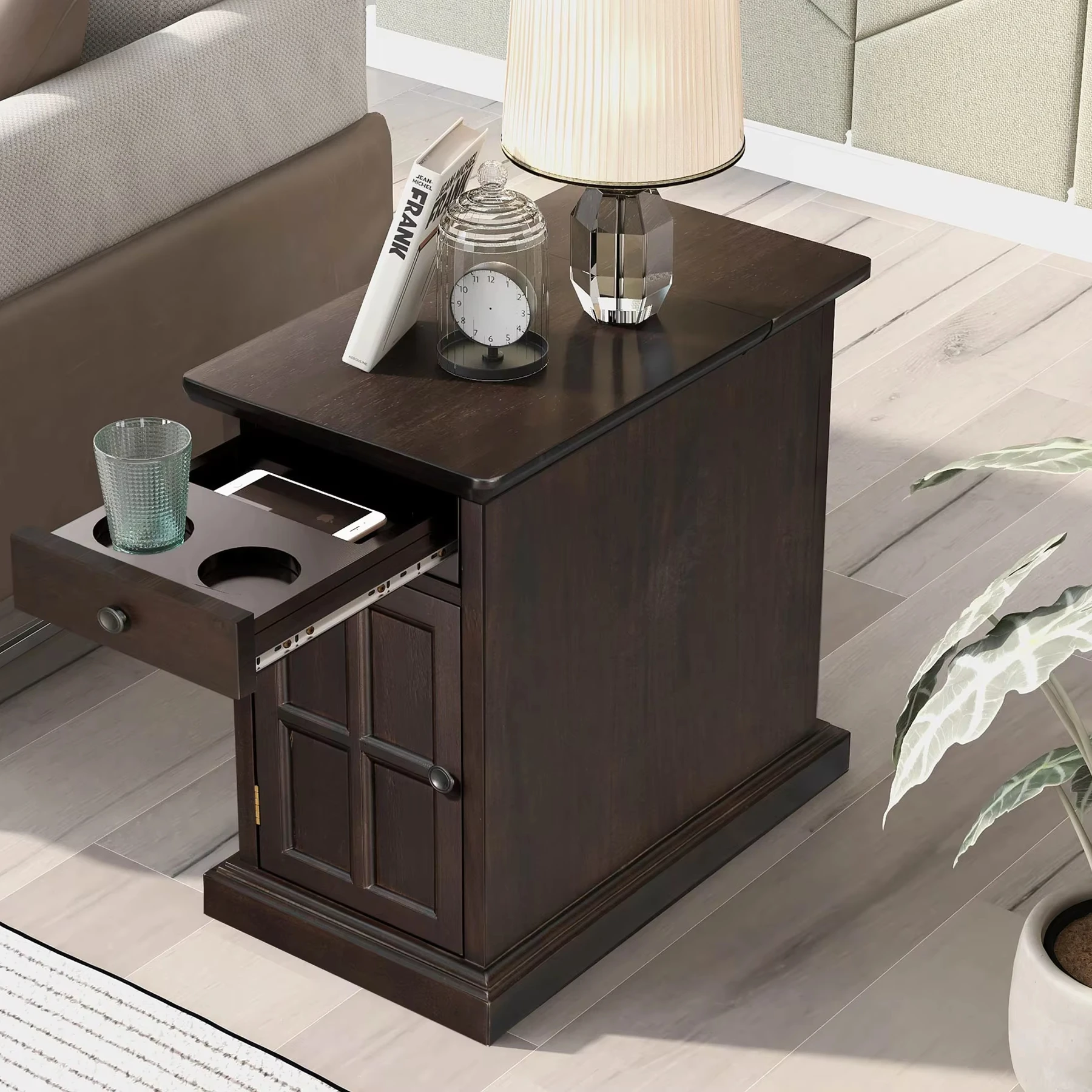Modern Living Room End/Side Console Table with USB Ports Multifunctional Drawer Cup Holders Eco-Friendly Antique Espresso