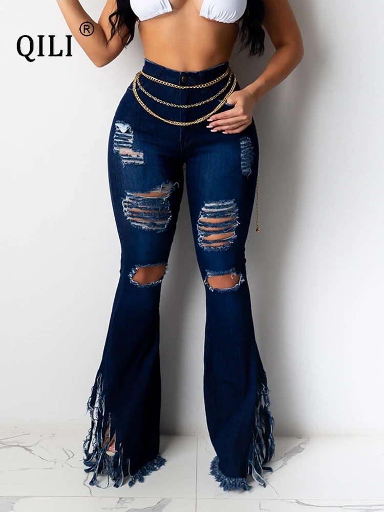 QILI- Ripped Tassle Jeans for Women, High Waisted Denim Pants, Skinny Flare Pants, Sexy Blue Bottoms, Summer Fashion, 2023