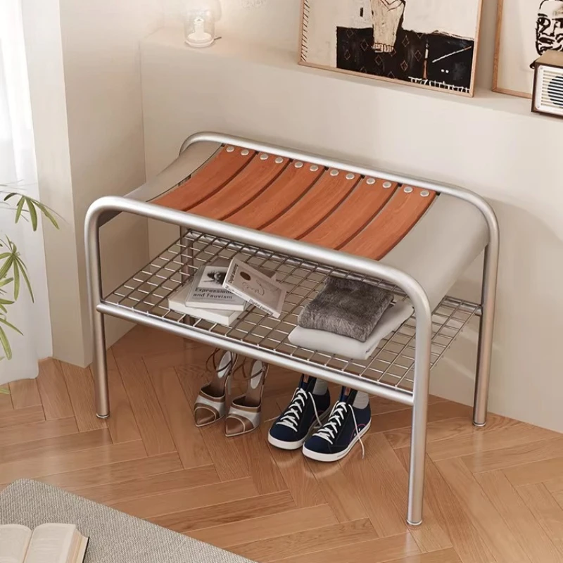 Modern Organizer Shoe Change Stool Two Layer Space Saving Entrance Shoe Rack Metal Retro Minimalist Furniture Living Room