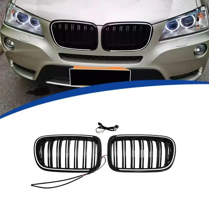

For BMW X3 F25 X4 F26 2014-2016 Dual Line Car Front Bumper Hood Kidney Grille Led Light Luminous Racing Grill Gloss Black