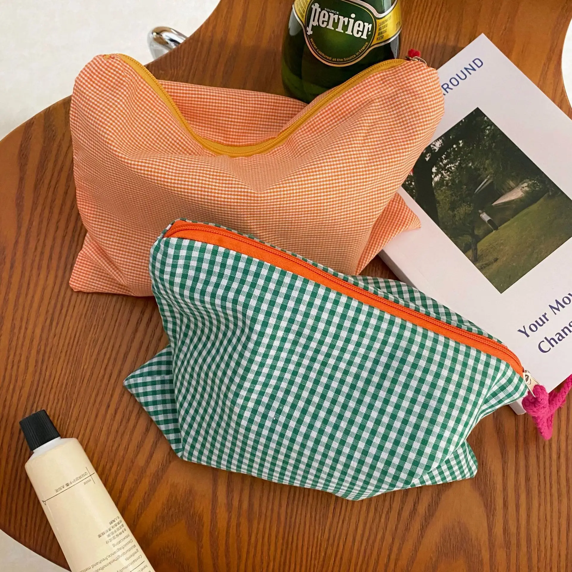 체크 무늬 메이크업 가방 1개, 대용량 휴대용 빈티지 문구 파우치, 다기능 화장품 가방