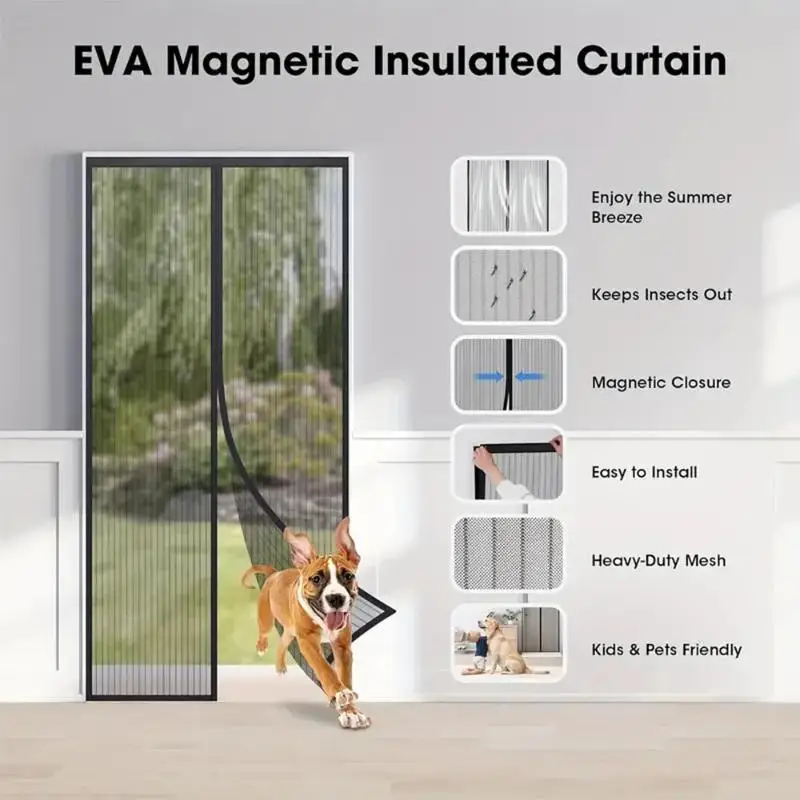 Pet‑Friendly Magnetic Mesh Door Curtain 18 Strong Magnets Auto Closing Tool‑Free Bug Proof Screen For Household Entrance Use