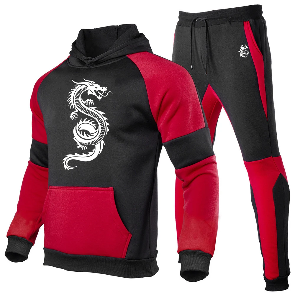 2025 الربيع والخريف شعبية الرجال جديد التنين الصيني طباعة المرقعة اللون مجموعة هوديي غير رسمي + بنطلون Harajuku البدلة #1