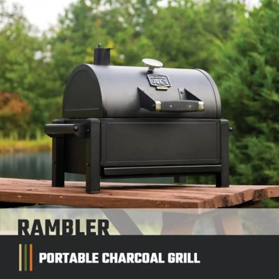 Portable charcoal grill for outdoor use, black steel, 218 sq. in. cooking area, compact and easy to carry