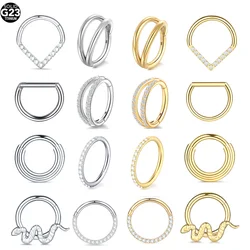 1pcs Implant Grade Titanium Hoops Earring for Women Zircon Hinged Segment Nose Ring Septum Clicker Piercing Body Jewelry