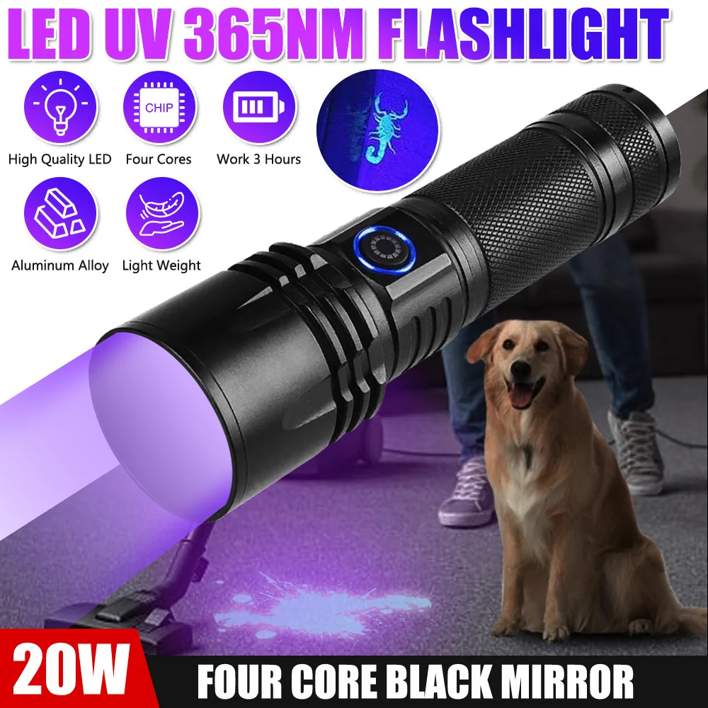 Lanterna LED UV de alta potência, luz ultravioleta, tocha recarregável tipo C para pet, detector anti-falsificação, 365nm, 20W