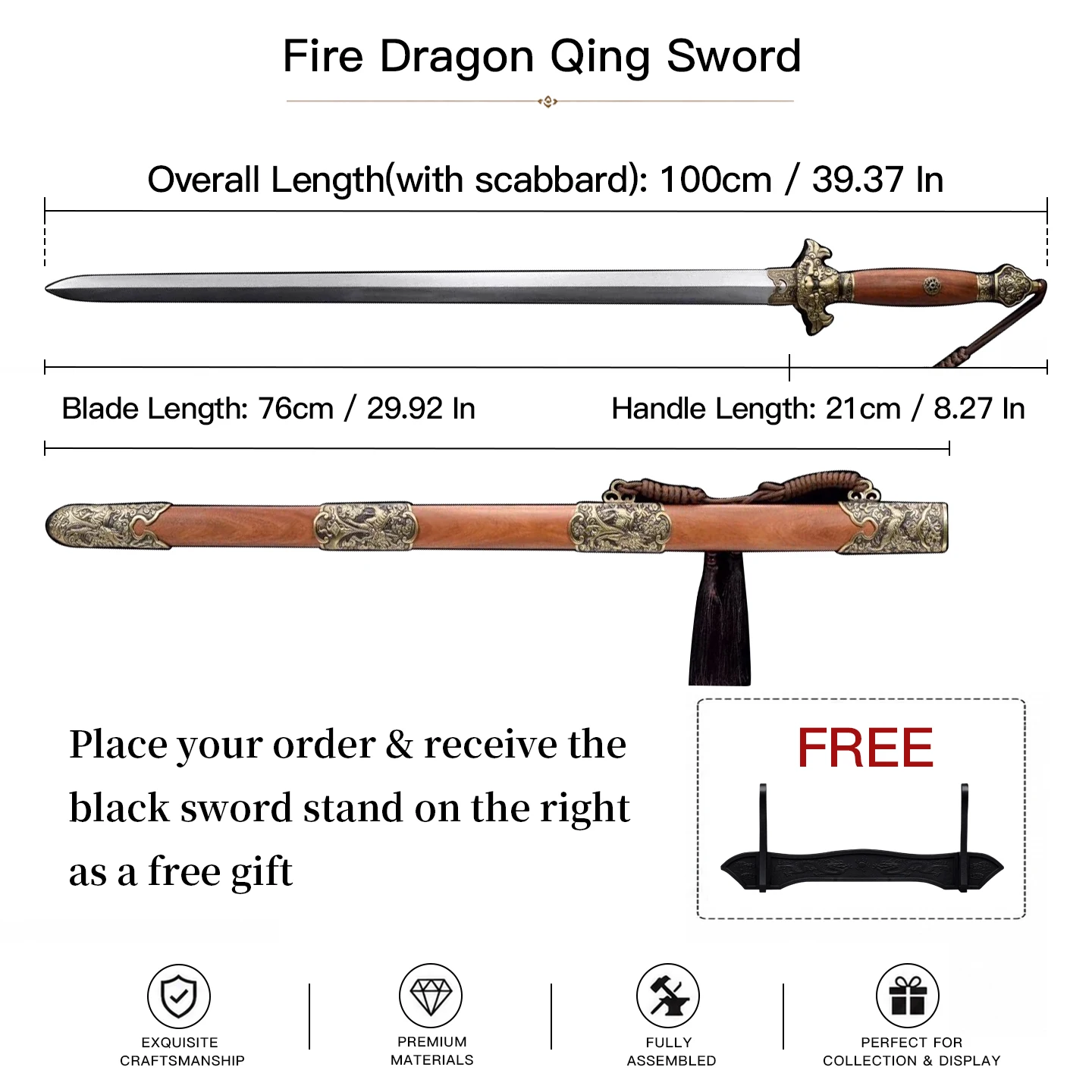 Dragon Qing Sword Chinese Sword Hundred-Times Forged Pattern Steel Vintage Decorative Collection Craft Ornament Free Sword Stand