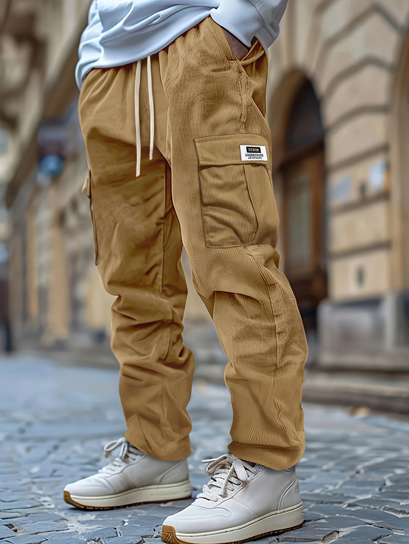 سروال قصير بلون سادة للرجال فضفاض مناسب للعمل سروال قصير بلون سادة - جيوب متعددة برباط #3