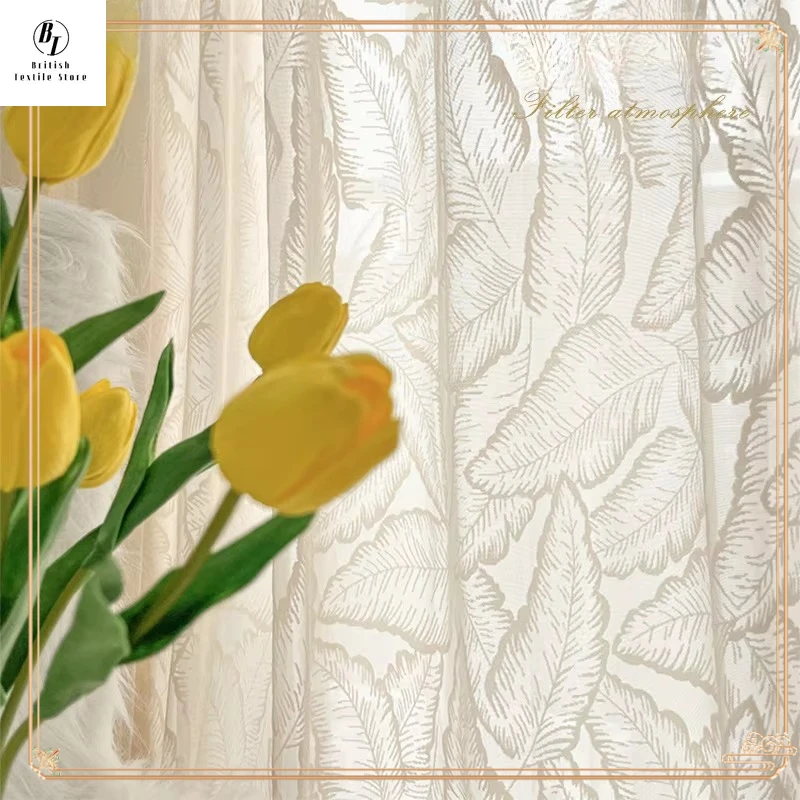 

Large Leaf Cream Beige American French Tulle Three-dimensional Embroidery Window Screen Curtains for Living Dining Room Bedroom