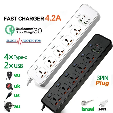 Toma de extensión de regleta Universal con puerto USB tipo c QC3.0 PD 20W 2M seguridad Singapur AU UE EE. UU. Reino Unido enchufe Protector contra sobretensiones