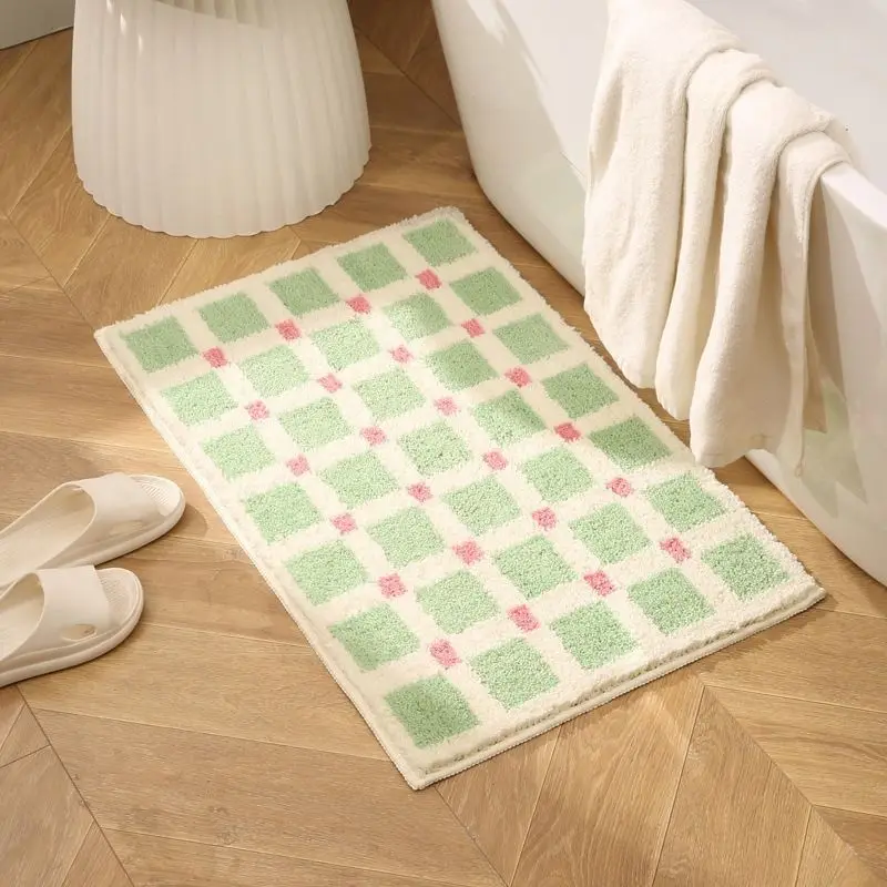 VIKAMA Green Checkered Bath Mat Buffalo Plaid Gingham Pattern Bathroom Floor Rug for Bathtub Shower Room Modern Home Decor Gift