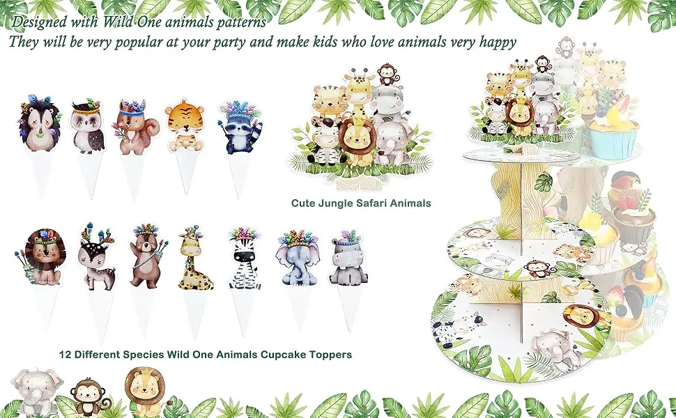 3-stöckiger Cupcake-Ständer im Dschungel-Safari-Design, Dessert-Halter für Waldjagd-Babyparty oder Geburtstagsfeier, Grau & Grün – Detail 2