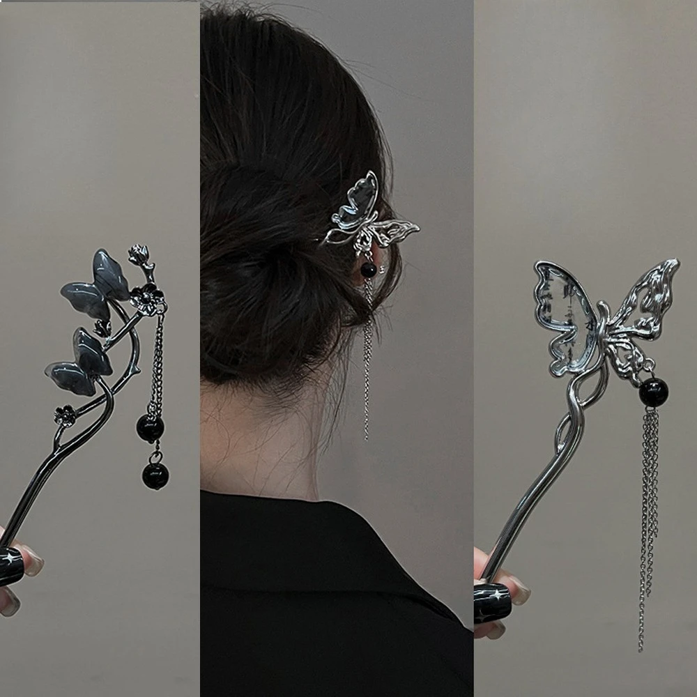 2 Pack Chinese Style Butterfly Tassel Hair Stick for Women Vintage Metal Hanfu Chopstick Hair Sticks Hair Accessories