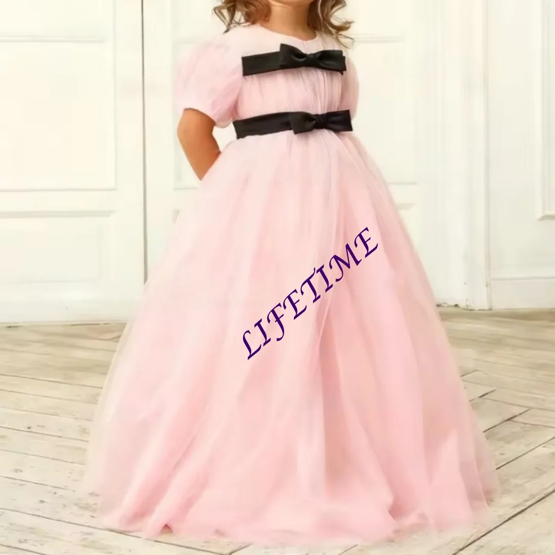 Personalizado elegante gasa lazo negro hermosa niña vestido de niña de las flores para ceremonias de boda recepciones formales primera comunión Cu