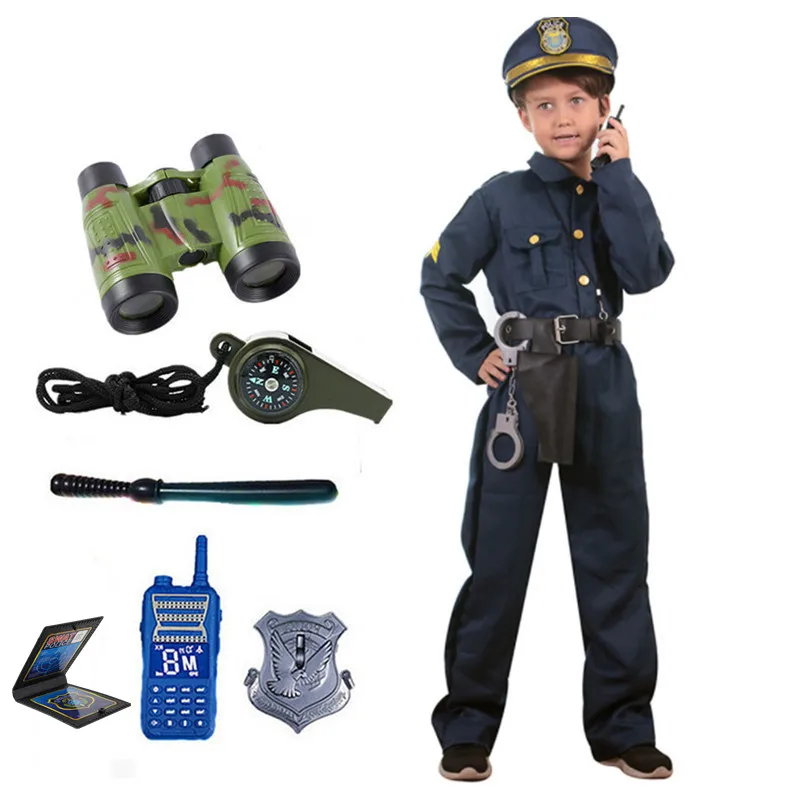 Boys Police Costumes Toddler Police Uniform Set Toys Accessories with Whistle Walkie Talkie Baton Binoculars Christmas Gift