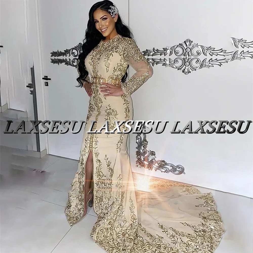 Laxsesu Mermaid Morocco Caftan Evening Dresses Saudi Arabic Abaya Long Sleeves Prom Dress 2022 Lace Dubai Bride Gown