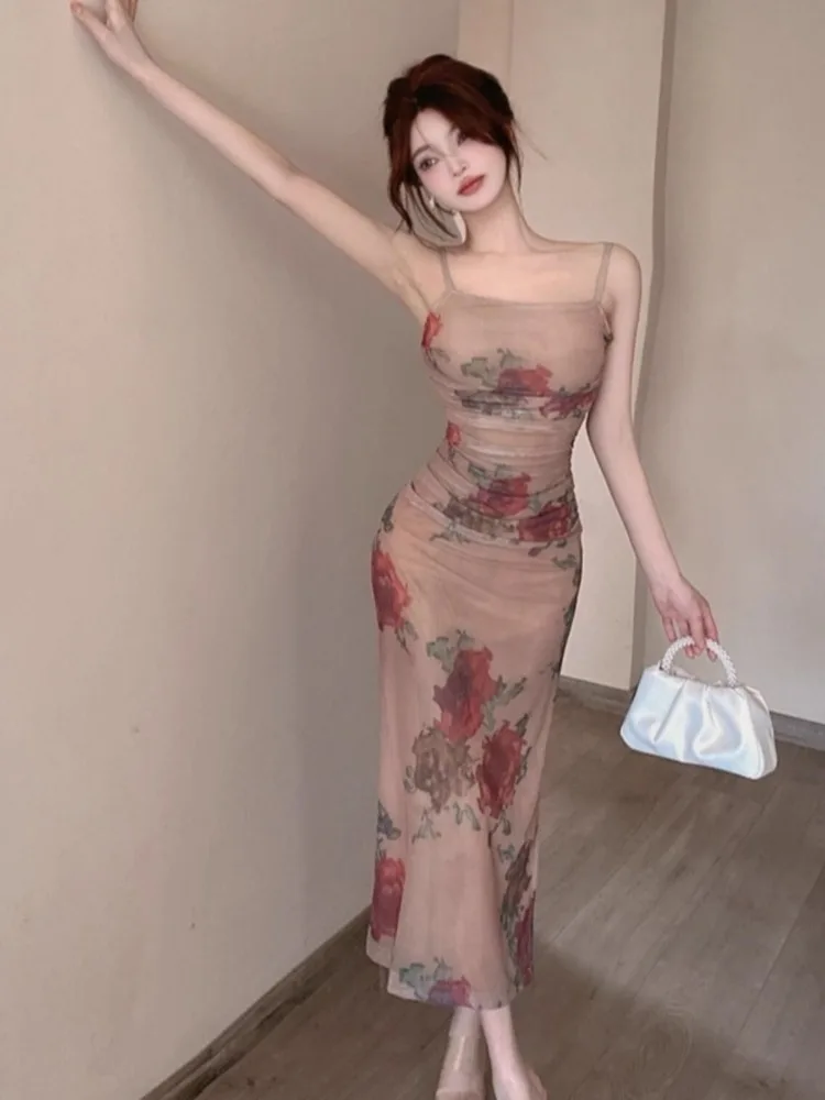 Topenomi Spicy Girl Print Spaghetti Strap Evening Dress French Sexy Sleeveless Slim Fit Split Long Banquet Party Dresses Night