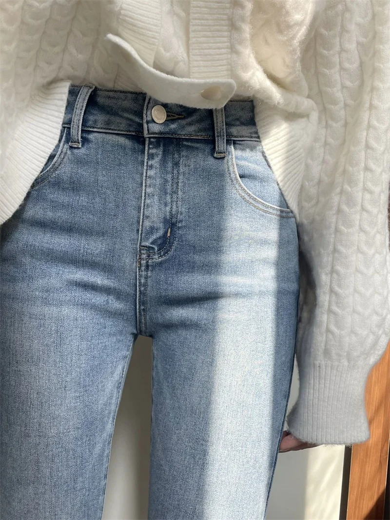 Light Blue High Waist Flared Jeans Women's Autumn New Large Size Small Height Straight Leg Floor-Length Bell Pants