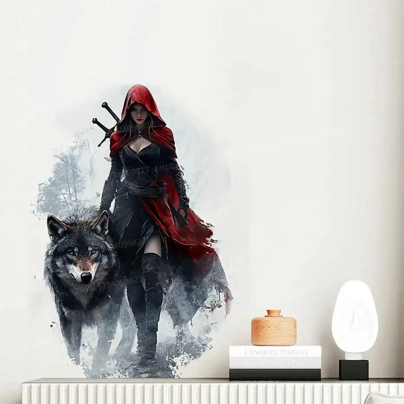 Autocollant mural loup et femme mystique, sparadrap amovibles de décoration pour la maison, pour chambre à coucher, cuisine, salon, décoration murale S519