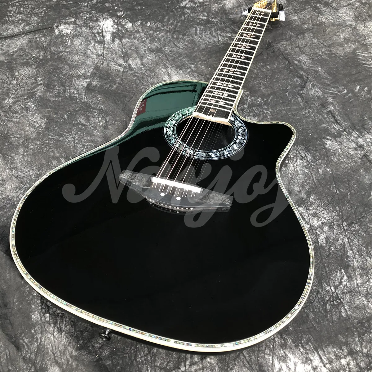 12 Strings Black Solid Spruce Acoustic Guitar Abalone Inlays Carbon Fiber Tortoise Shell Acoustic Ovation Electric EQ Guitar