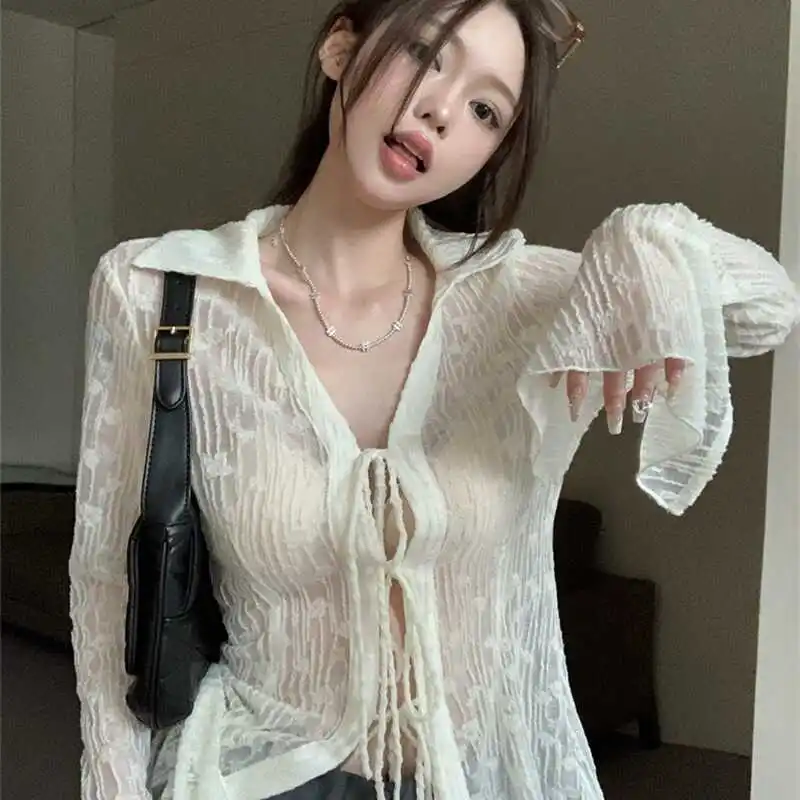 

Sexy Spicy Girl Pure Desire Sle Women's Summer New Design Sun Protection irt Tie Belt Bell Sve Top Korean Loose Fit