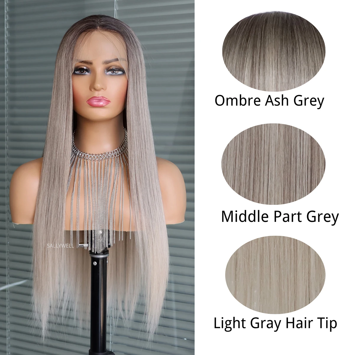 13x4 Silver Grey Straight Lace Front Wig Layered Synthetic Hair Wig with Dark Roots Glueless Heat Resistant Fiber Hair Wig