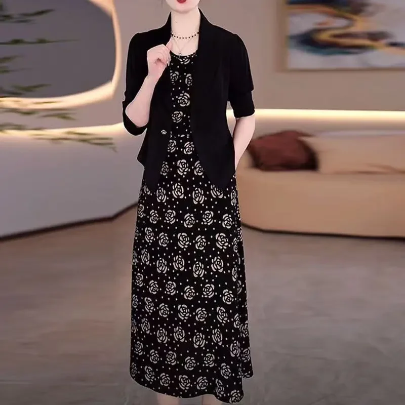 

Black Two-Piece Set Short Sleeve Blazer Floral Print Midi Dress Elegant Casual Women's Fashion Outfit