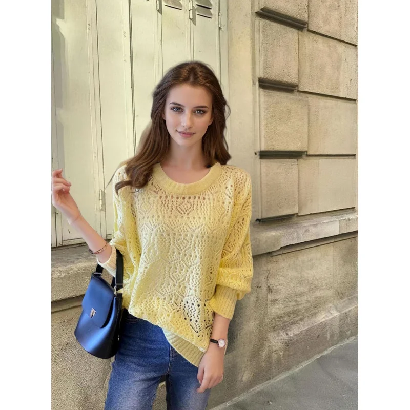 2024spring and summer new round necktt-shirt pullovers shield plus size thin loose hollow sweater women