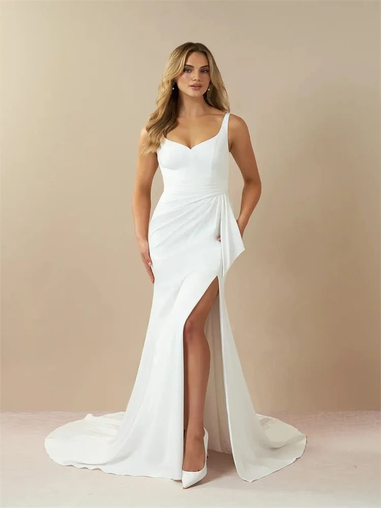 

Hot Selling V Neckline Sleeveless Crepe Wedding Dress Elegant Open Back Zipper Floor Length Leg Slit Chapel Train Gown For Bride