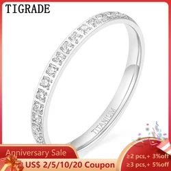 TIGRADE 2mm Women Ring Titanium Eternity Ring Half Cubic Zirconia Anniversary Wedding Engagement Band 18K Gold Plated