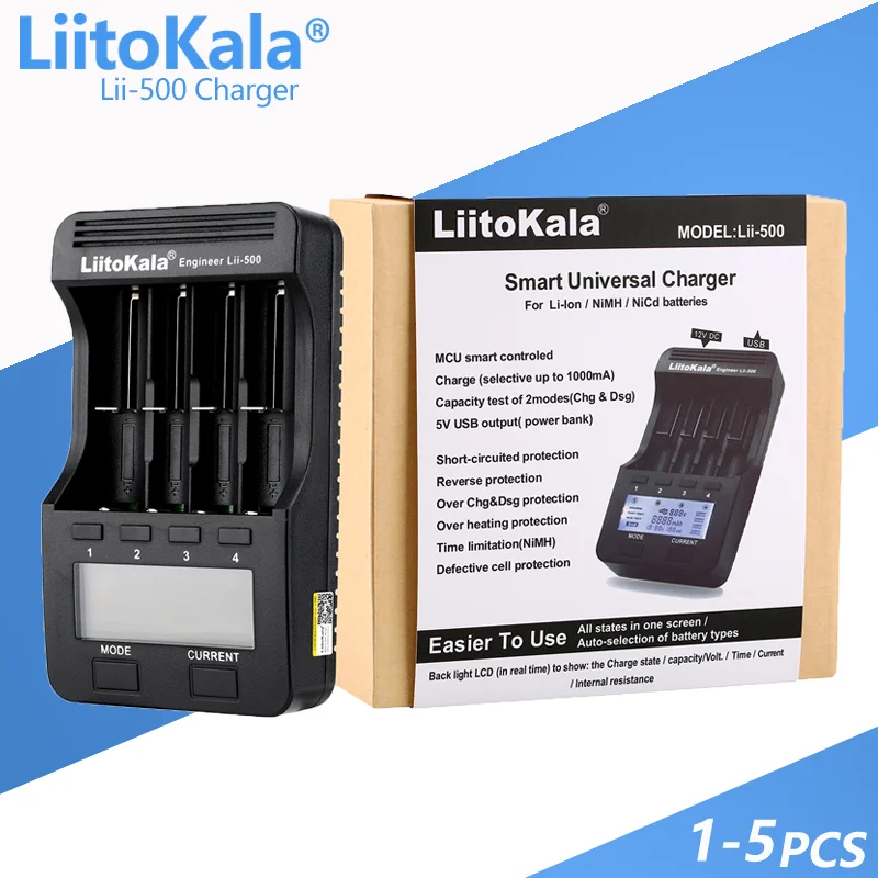 1-5PCS LiitoKala lii-500 LCD 3.7V/1.2V 18650/26650/16340/14500/10440/18500 Battery Charger ( lii500+12V2A adapter+car)