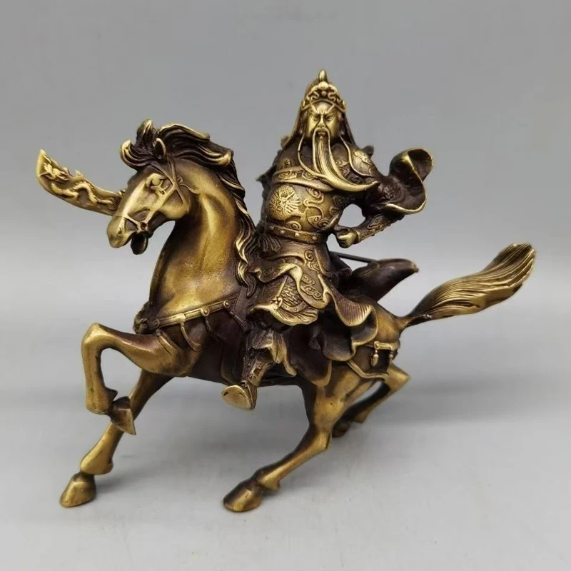 Elaborate Chinese Handwork Old Brass Guan Yu Ride Horse Lucky Big Statue