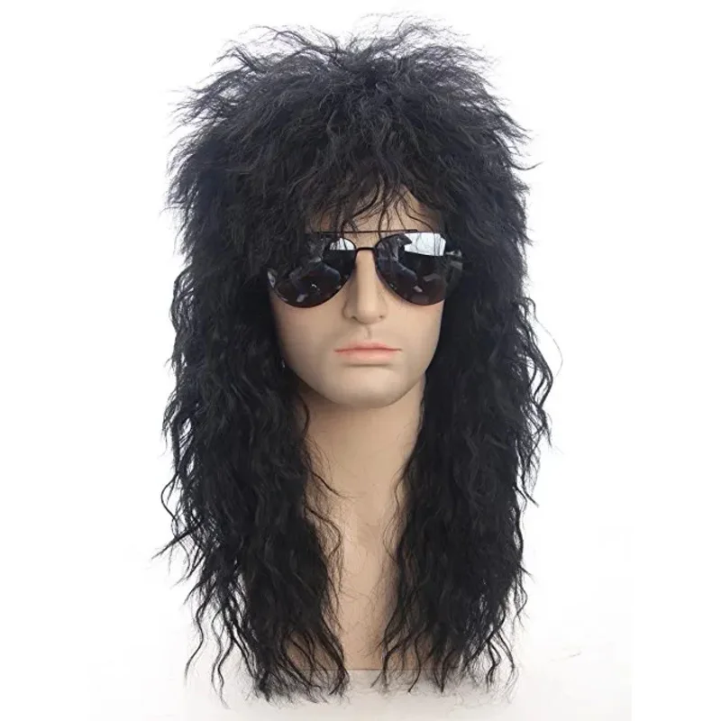 70s 80s Halloween Costumes Roing Dude Bla Curly Synthetic Hair Wigs Punk Metal Roer Disco Mullet Cosplay Wig ( no glasses)