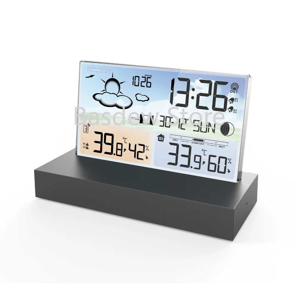 

Transparent Glass Weather Station Clock 3396c Color Screen RF Wireless Multi-Function Weather Forecast Electronic Alarm Clock