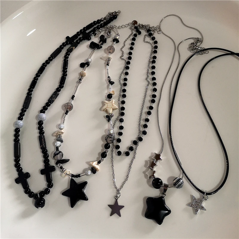 Kpop Goth Vintage Aesthetic Y2K Star Pendant Beaded Silver Color Chain Necklace Women Men Cool Grunge EMO 2000s Jewely Accessory