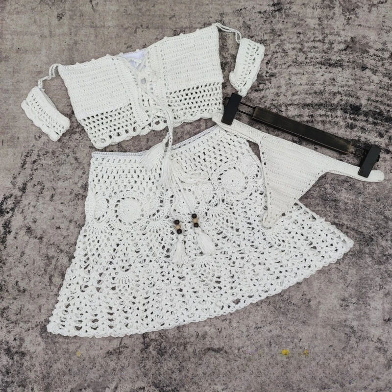 ถักบิกินี่ผู้หญิงชุดปิดไหล่ Lace Up Crop Top Hollow Out กระโปรงมินิ 2025 ใหม่ Spice สาวเซ็กซี่ Beach Cover Up