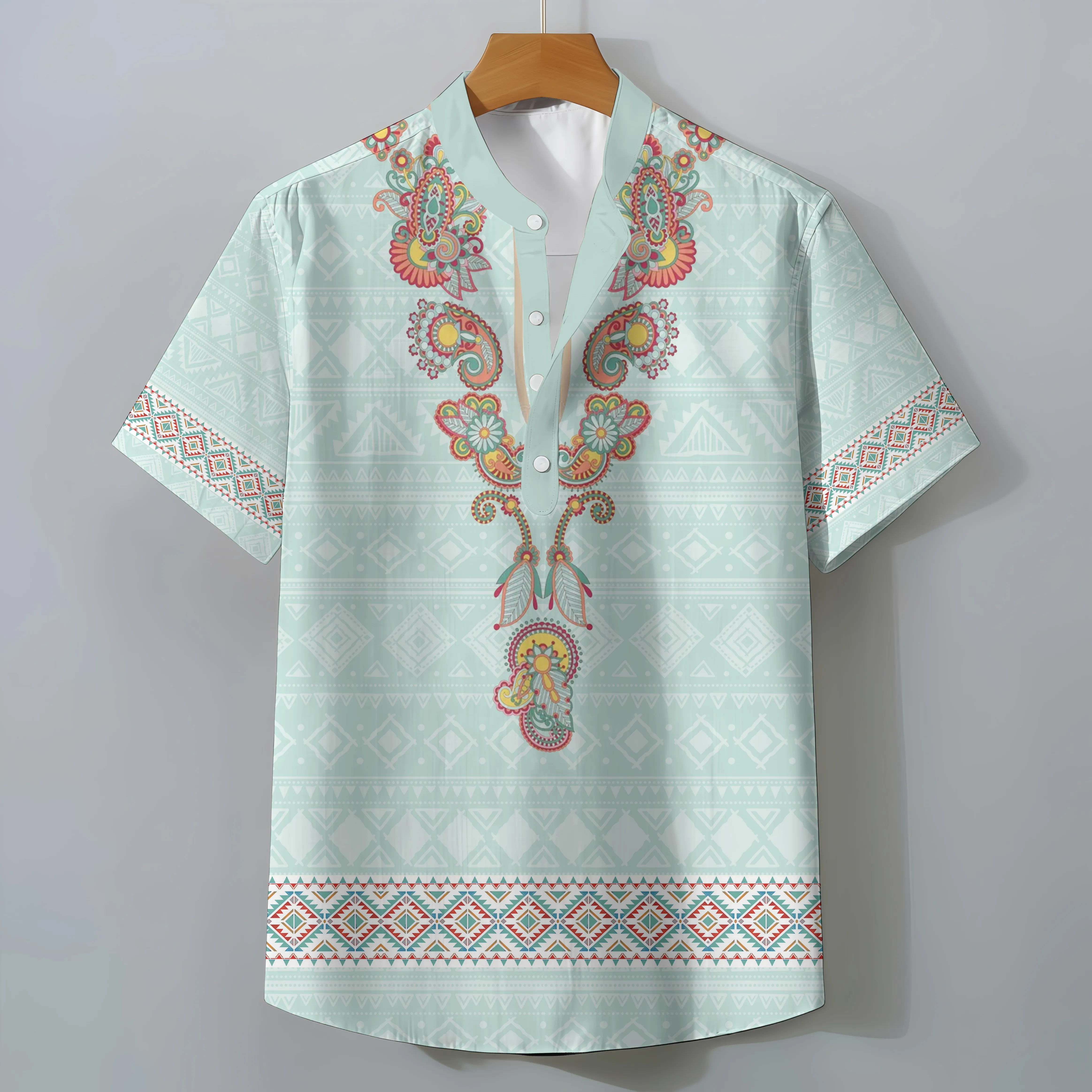 Exotic Ethnic Print Oversized Men's Retro Short Sleeve Shirt Casual Loose Summer Top Comfortable Fashionable Clothing Tee