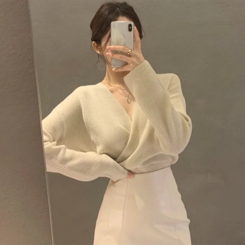 Pullovers Women Autumn Solid Sweaters Criss-Cross Korean Style Elegant Warm Spring Daily All-match V-neck Office Lady Casual New