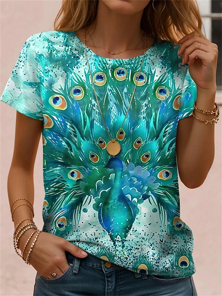 2026 New Arrival Women's Summer Crew-Neck Short-Sleeve Top Elegant Peacock-Print Casual Top A Stylish Women's T-Shirt