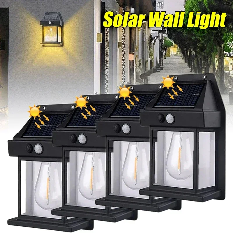 

1-4PCS Solar Tungsten Filament Lamp Outdoor Waterproof Garden Wall Light Intelligent Induction Courtyard Villa Lighting Lantern