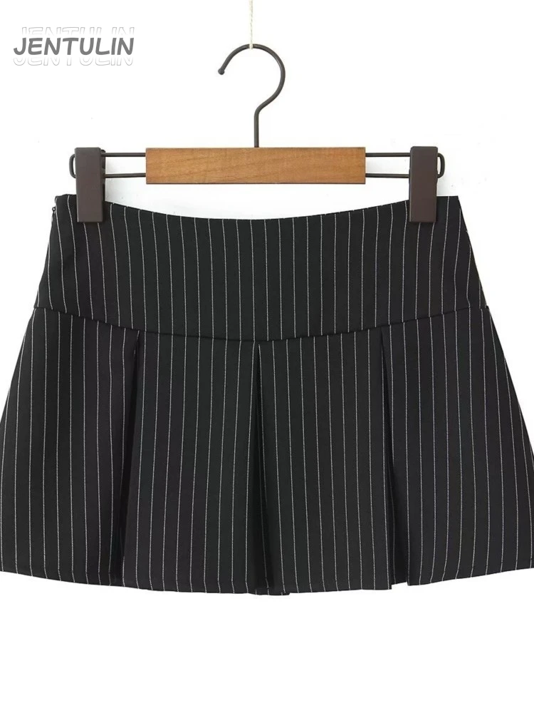 Y2K Retro Black Striped Bow Ruched Chest Hook Buttons Laces Crop Top Women's New Trend Low Waist Package Hips Pleated Mini Skirt