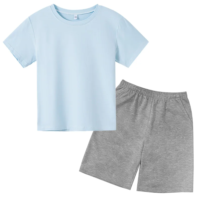 

Kids T-shirt Boys' and Girls' Two Piece Set 2-12-year-old Kids Hot Leisure Outdoor Sports Set Short Sleeve+Shorts Solid Color