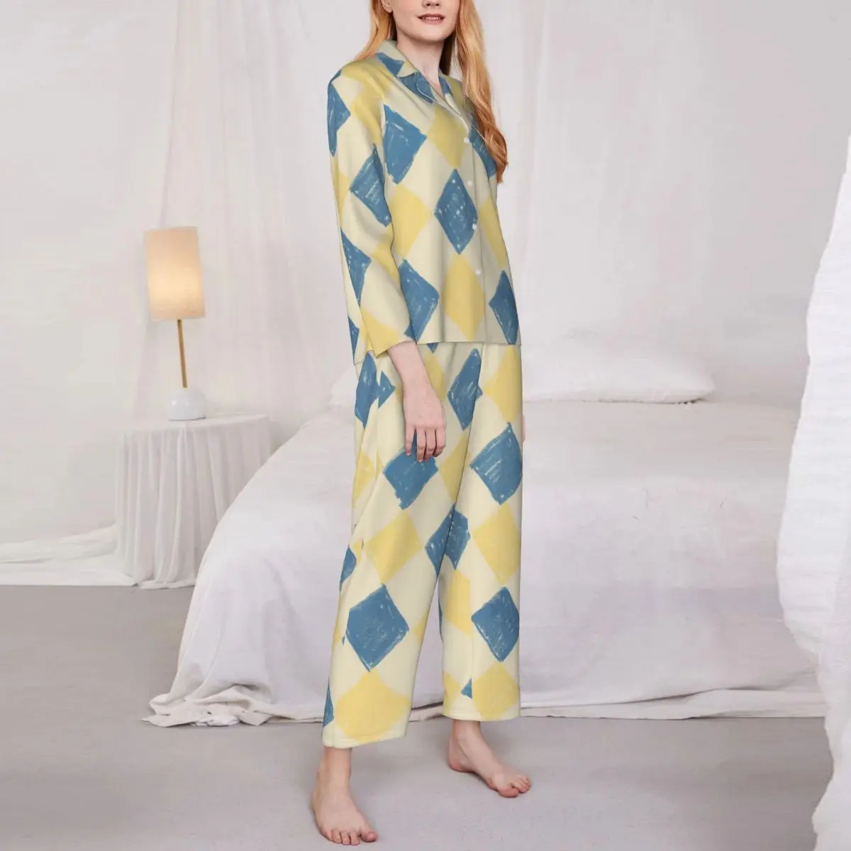 Conjuntos de pijamas chequer com estampas femininas, roupa loungewear feminina, roupas de casa, 2 peças