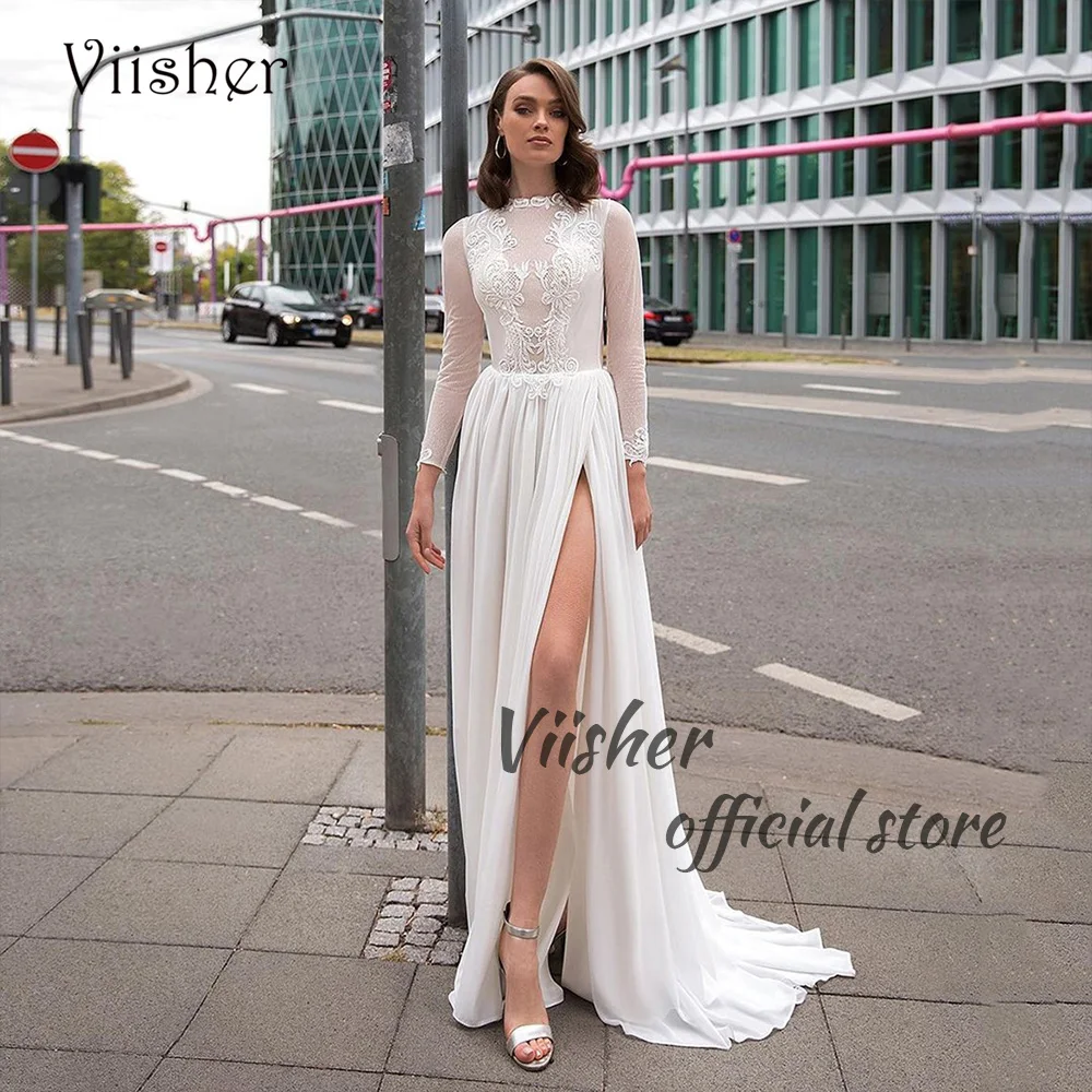 

Viisher White Lace Tulle Wedding Dresses with Slit Long Sleeve O Neck Bohemain Bride Dress Chiffon Long Beach Wedding Gown