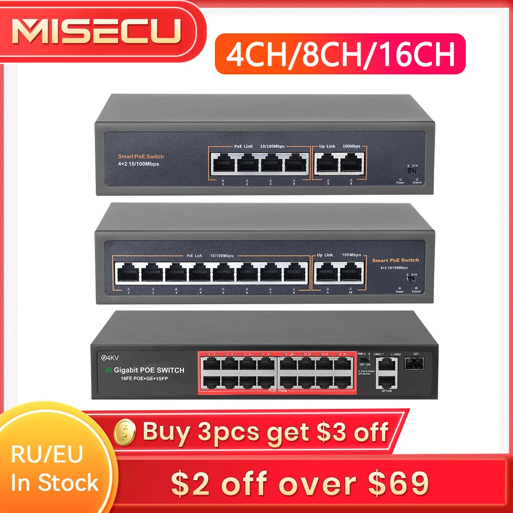 48V Network POE Switch With 4/8/16CH 10/100Mbps Ports IEEE 802.3 af/at Over Ethernet IP Camera/Wireless AP/CCTV  Camera System